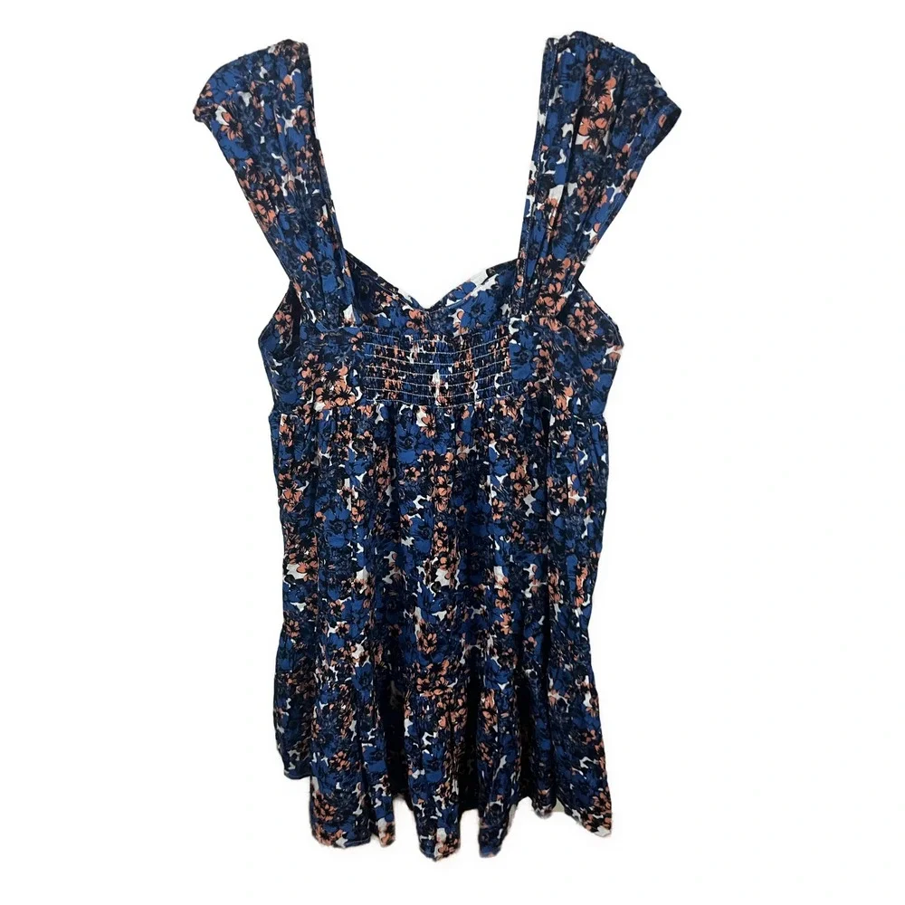 Free People NWT Women's Pattern Play Mini Dress Blue Floral Print Linen Blend- M
